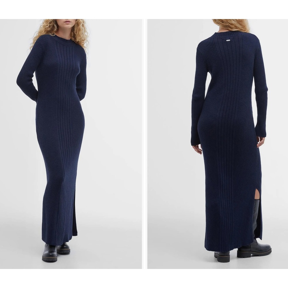 Barbour Ingrid Knitted Maxi Dress Long Sleeve Navy Blue Ribbed 100% Cotton 8 NWT
